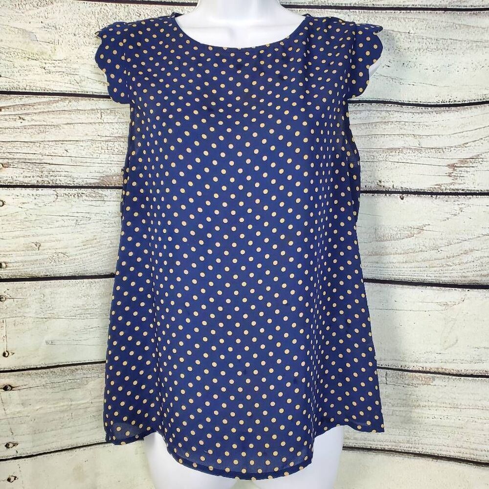 Papermoon Women’s Navy Blue Polka Dot Ruffle Sleeve Blouse Size S Keyhole Back